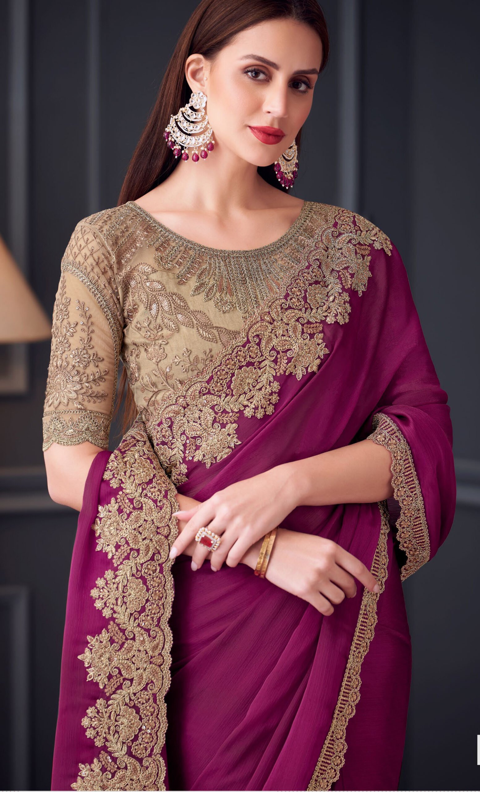 Fancy Party Wear Designer Saree Maroon Colour Saree for Wedding