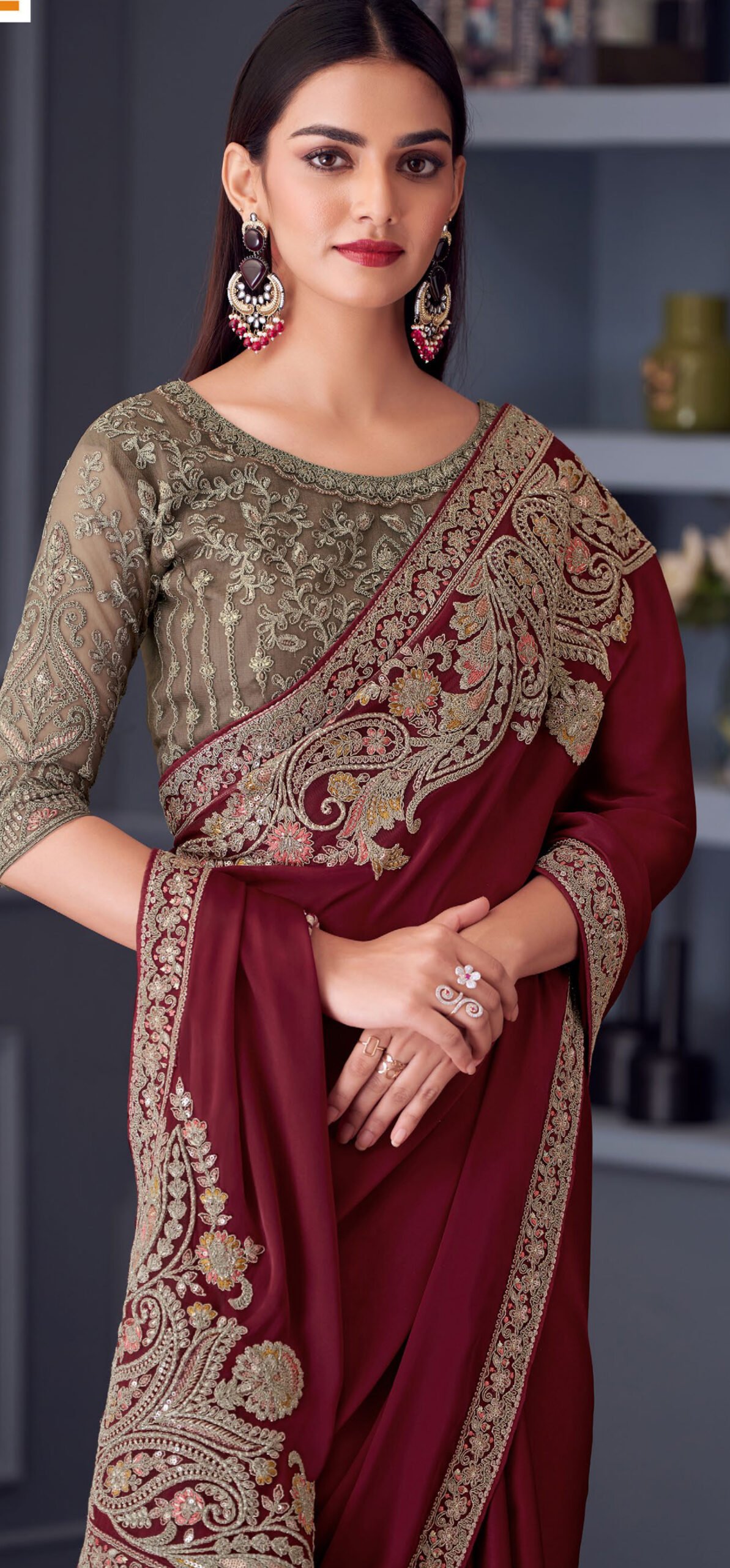 Fancy Party Wear Designer Saree Maroon Saree for Wedding