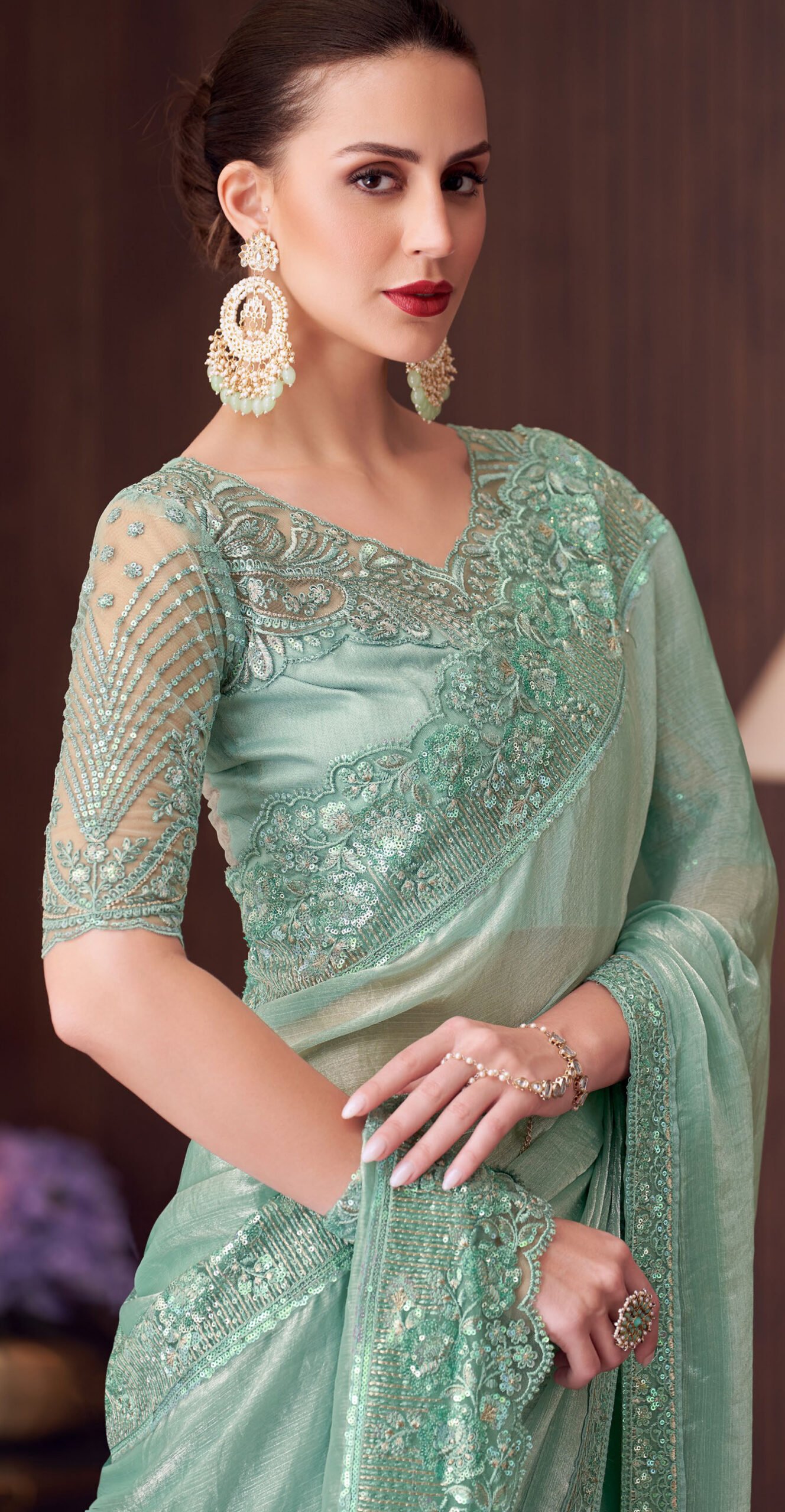 Fancy Party Wear Designer Saree Mint Green Saree