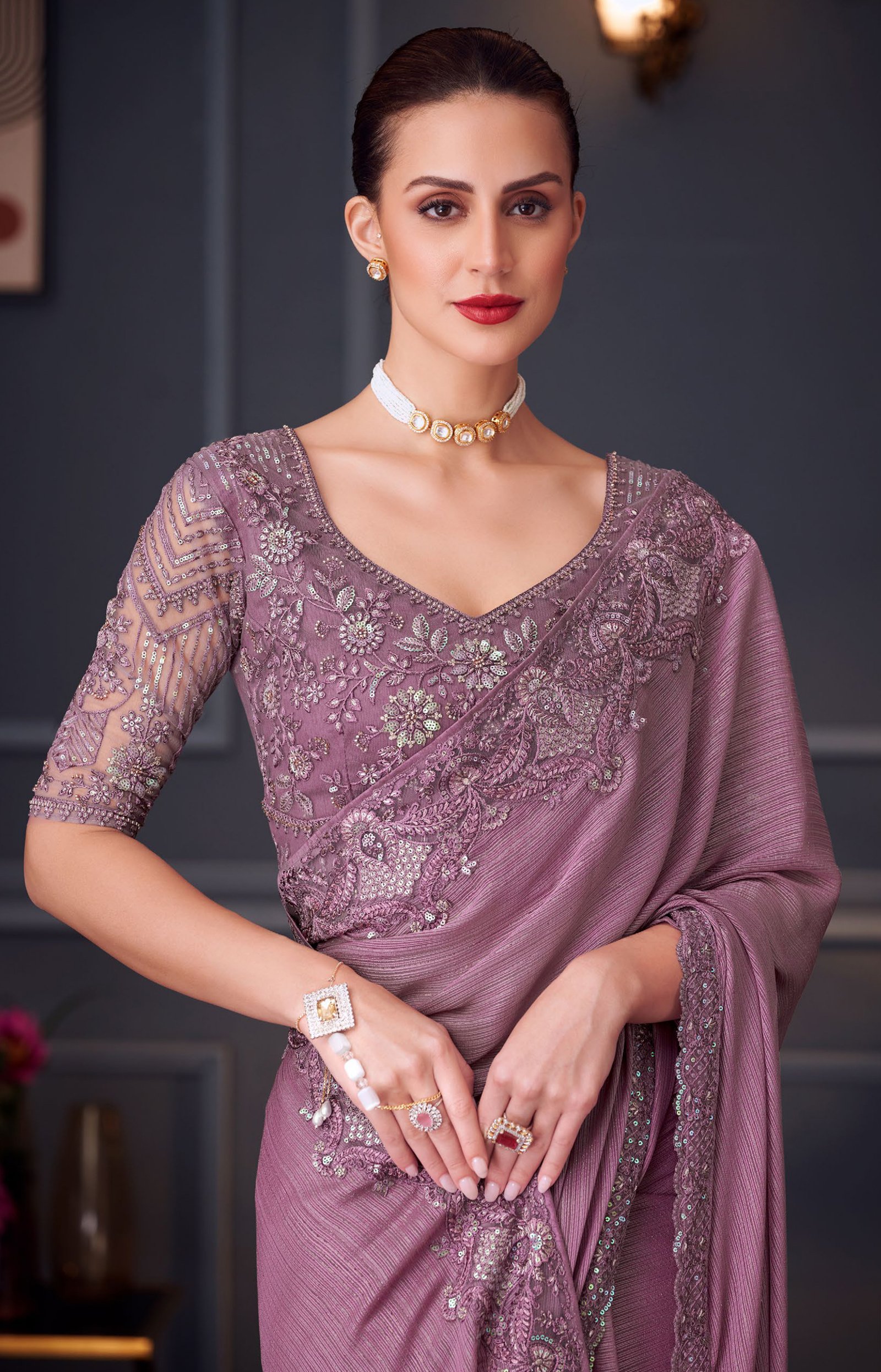 Fancy Party Wear Designer Saree Orchid Colour Saree