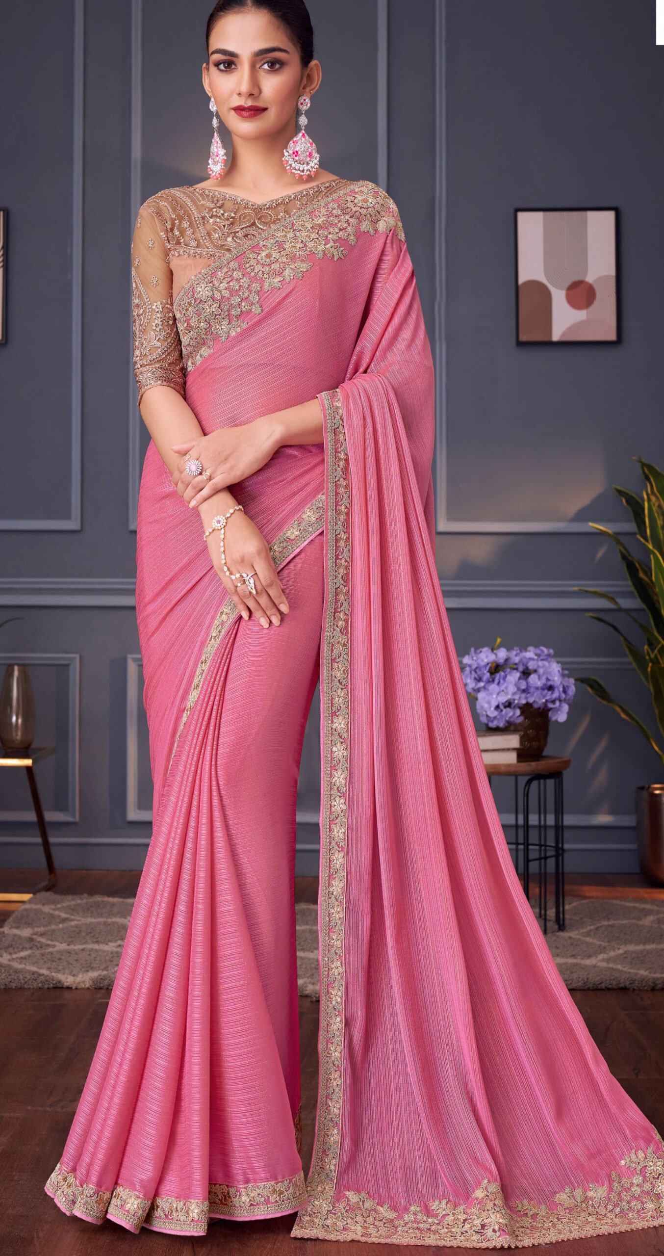 Fancy Party Wear Designer Saree Pink Saree for Wedding Party