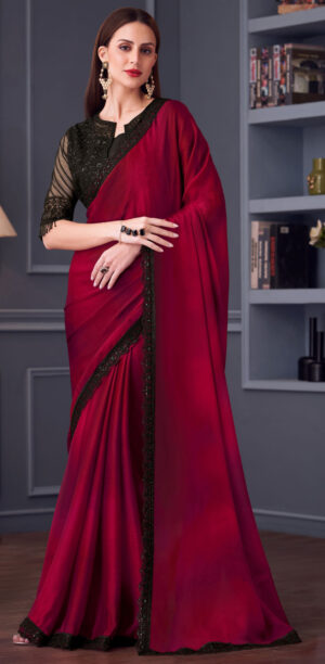 Fancy Party Wear Designer Saree Red Saree Contrast Blouse