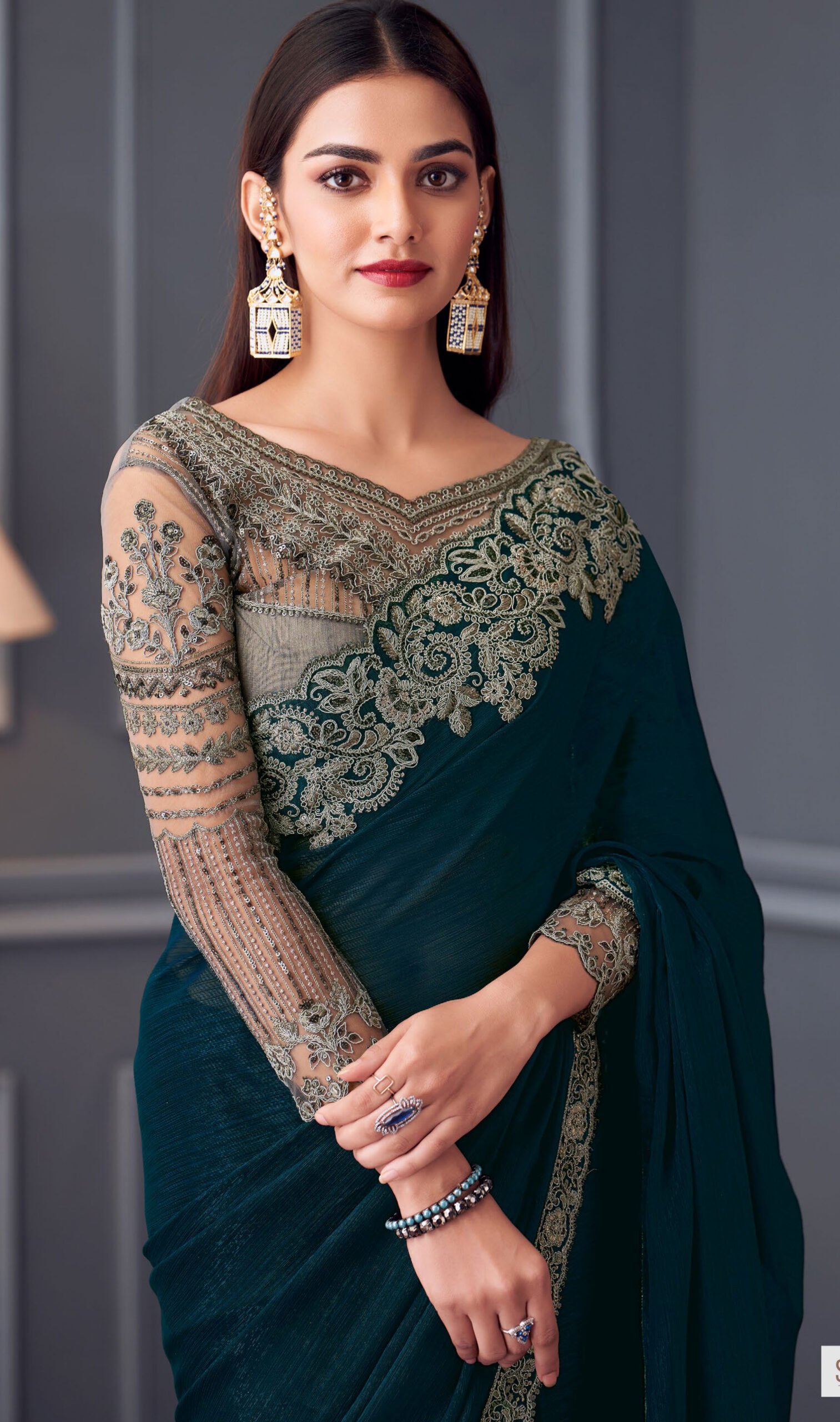 Fancy Party Wear Designer Saree Teal Green Saree Full Sleeves Blouse