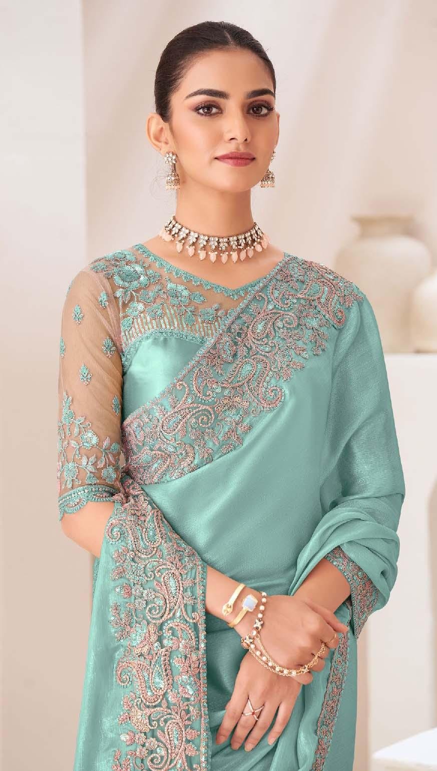 Firozi Colour Chiffon Satin Saree Party Wear