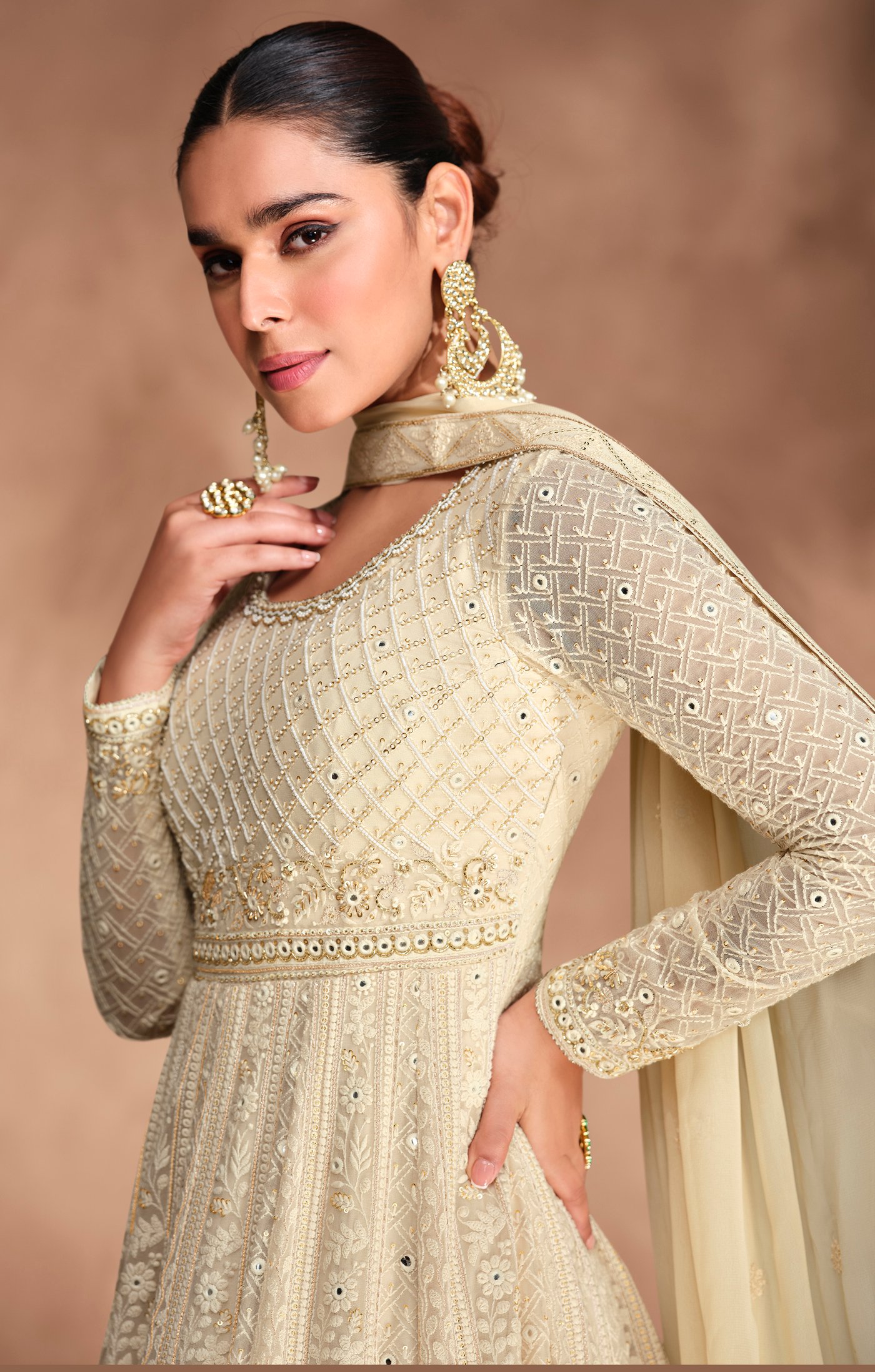 Full Sleeves Gown Party Wear Off White Gown