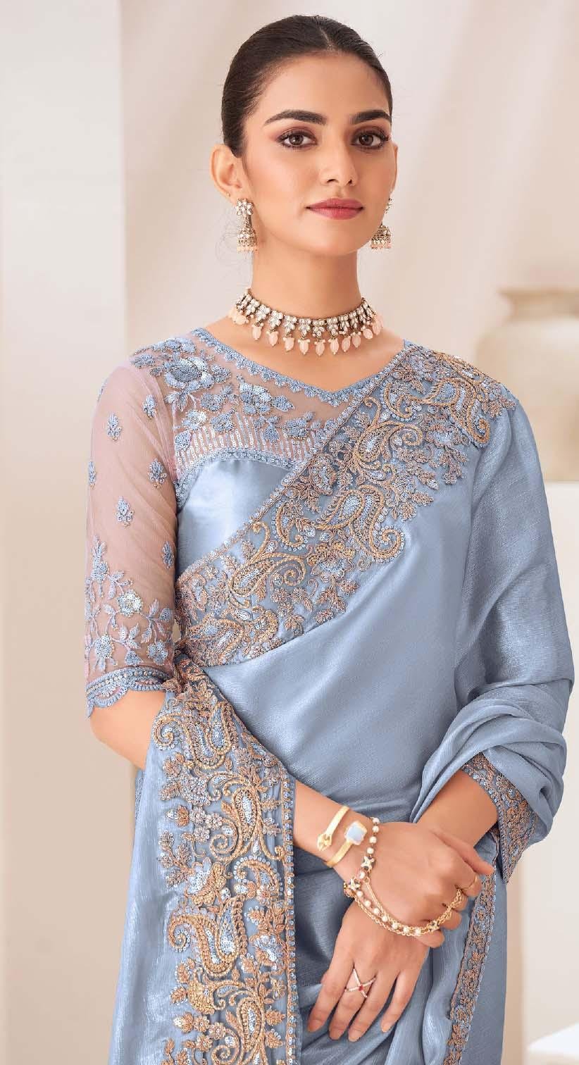 Party Wear Designer Saree Grey Color