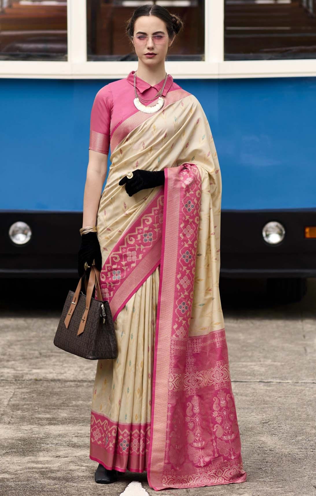 Pattu Latest Wedding Sarees Collection Pink White Combination