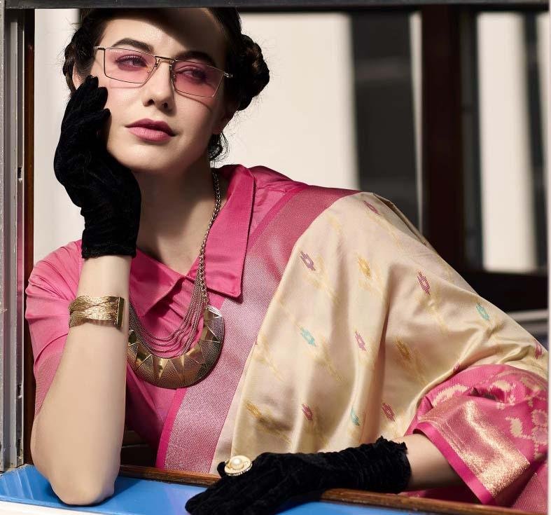 Silk Sarees for Wedding Function Off White and Pink