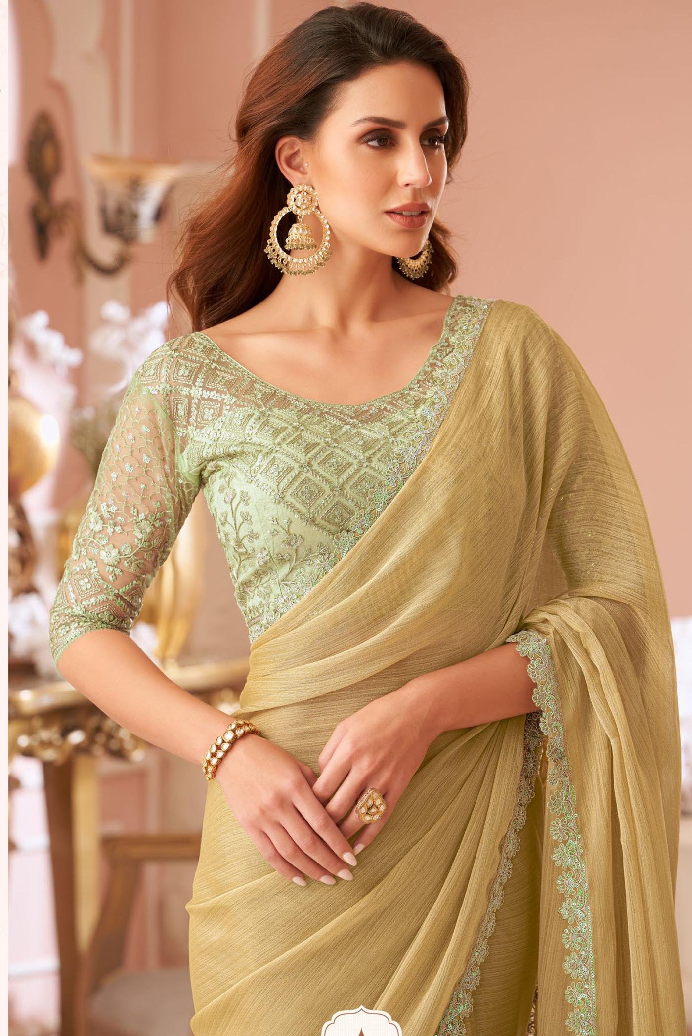 Beige Yellow Chiffon Saree for Wedding Party