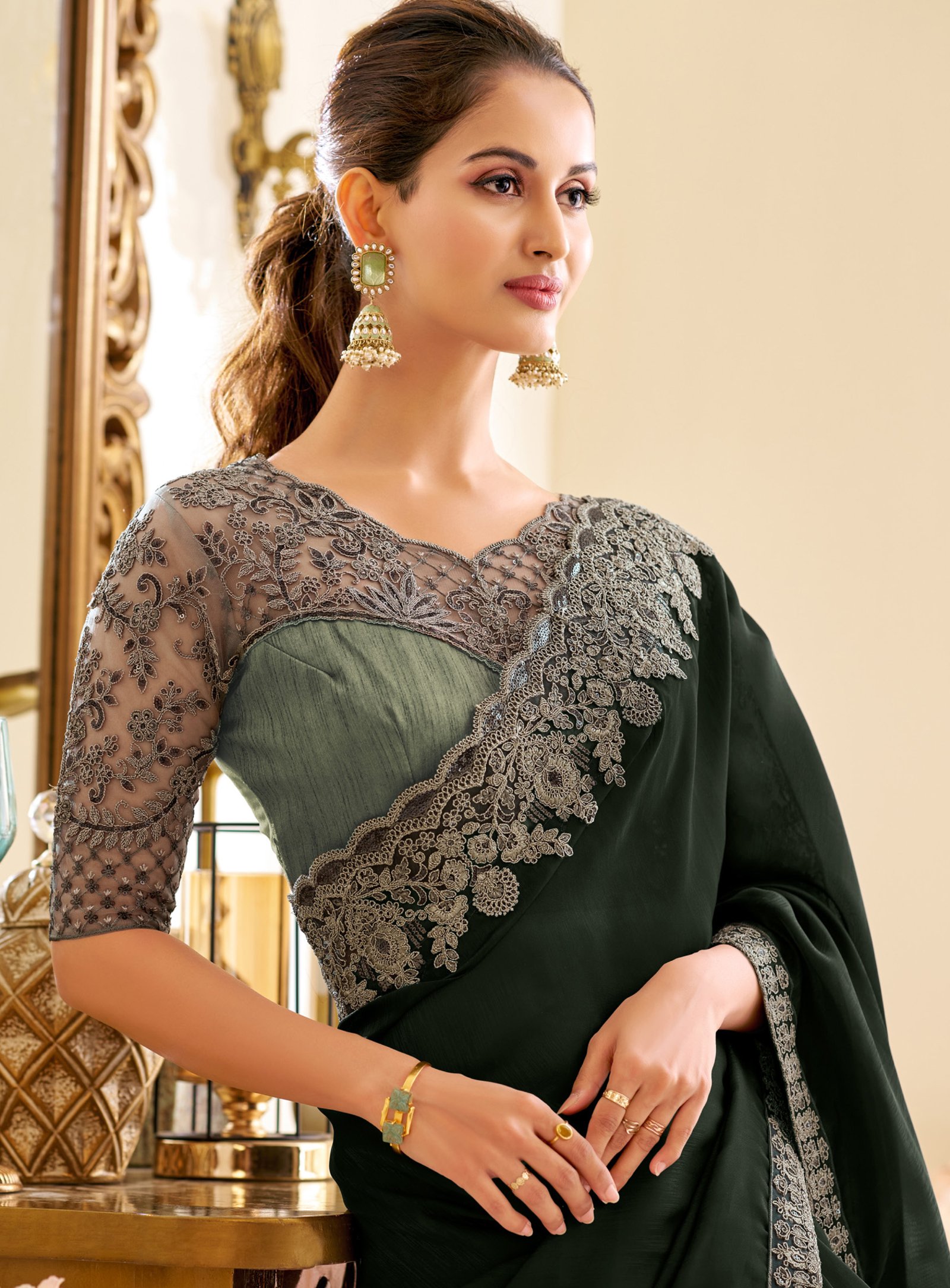 Bottle Green Saree for Wedding with Designer Blouse