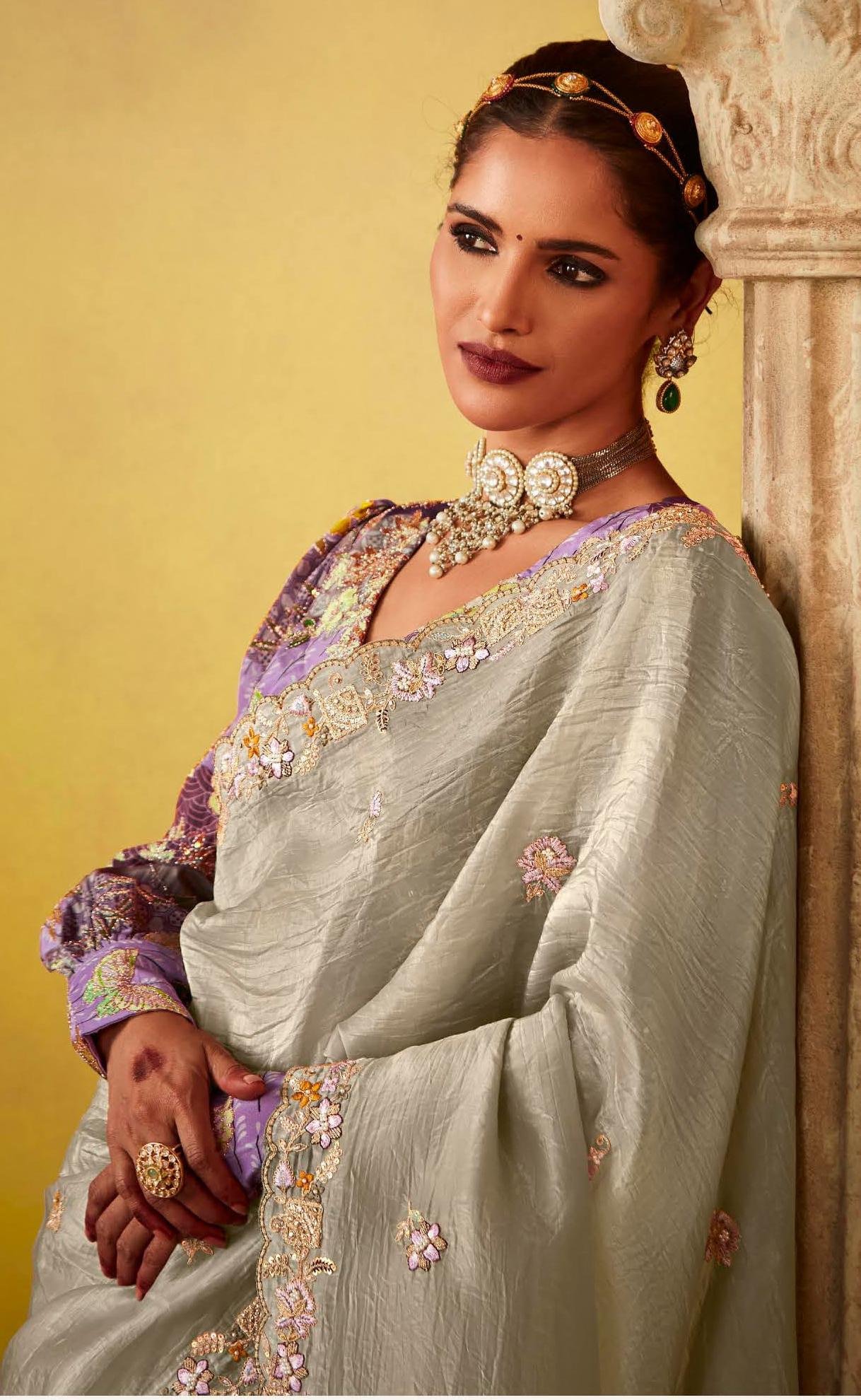 Bridal Wear Cream Colour Saree Wedding Saree