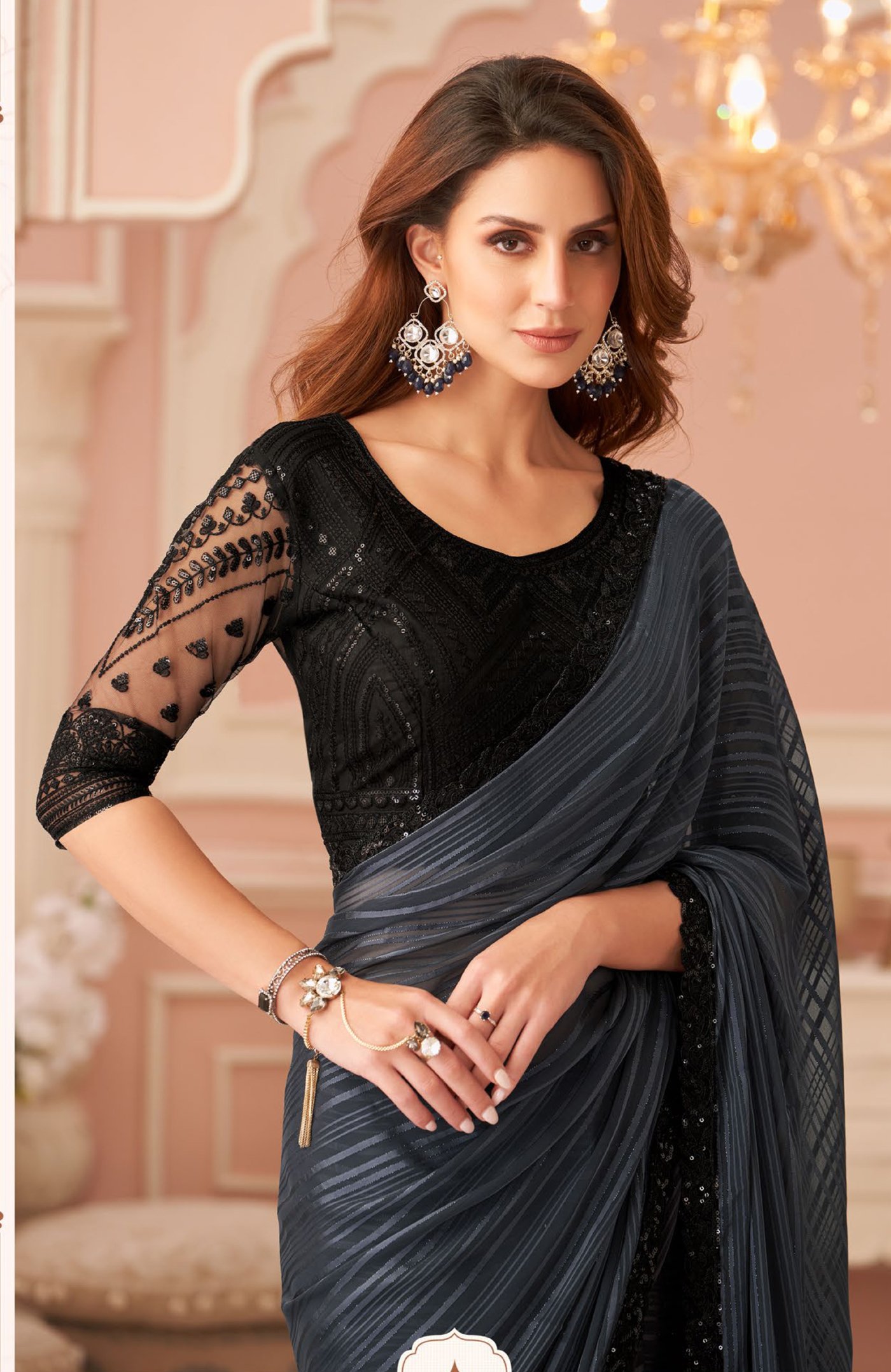Charcoal Grey Saree with Designer Blouse