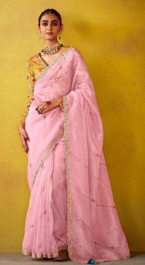 Light Pink Saree Contrast Blouse Combination