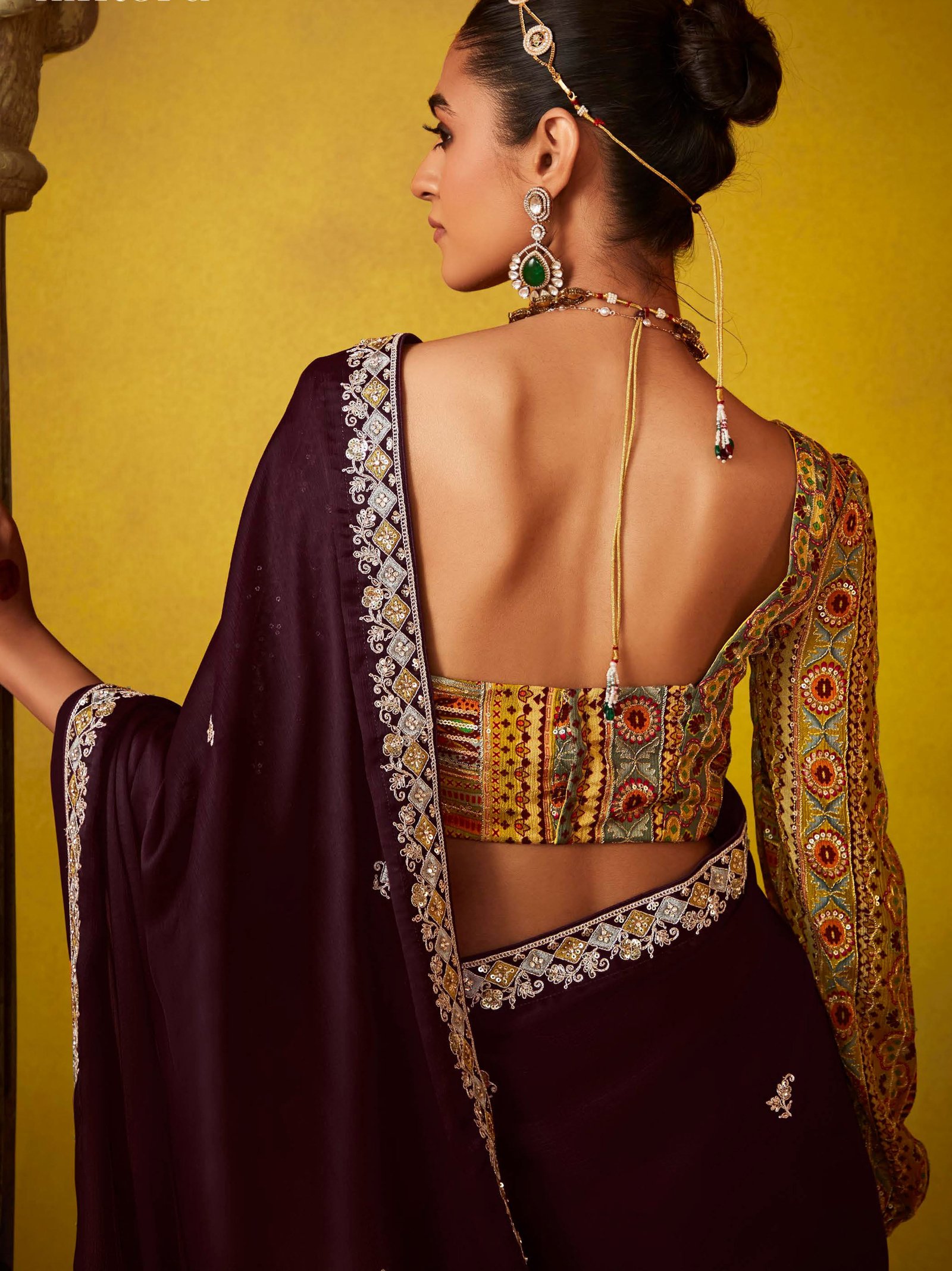 Maroon Saree Contrast Blouse Wedding Reception Saree