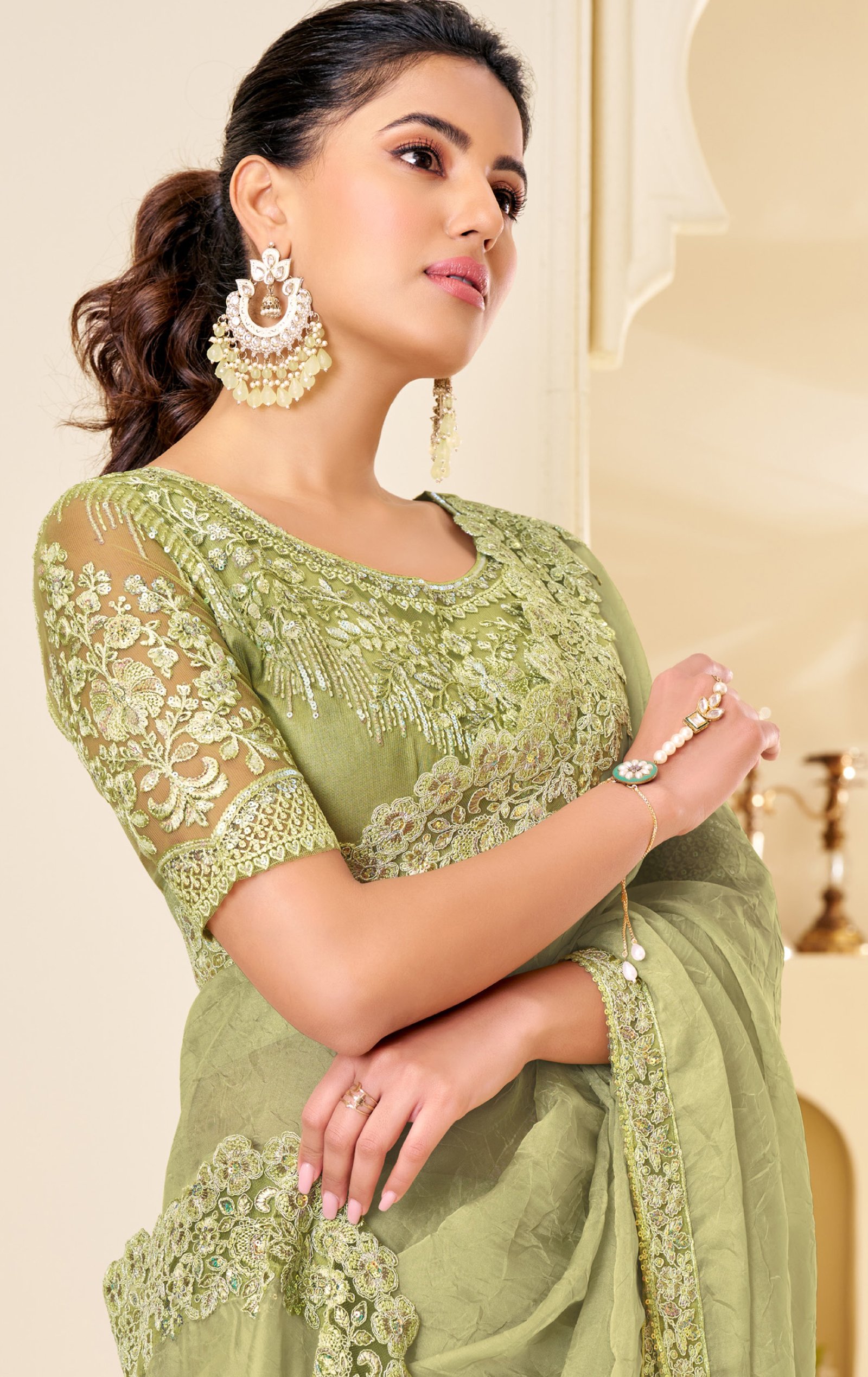 Powder Green Saree Modern Designer Saree New Bride