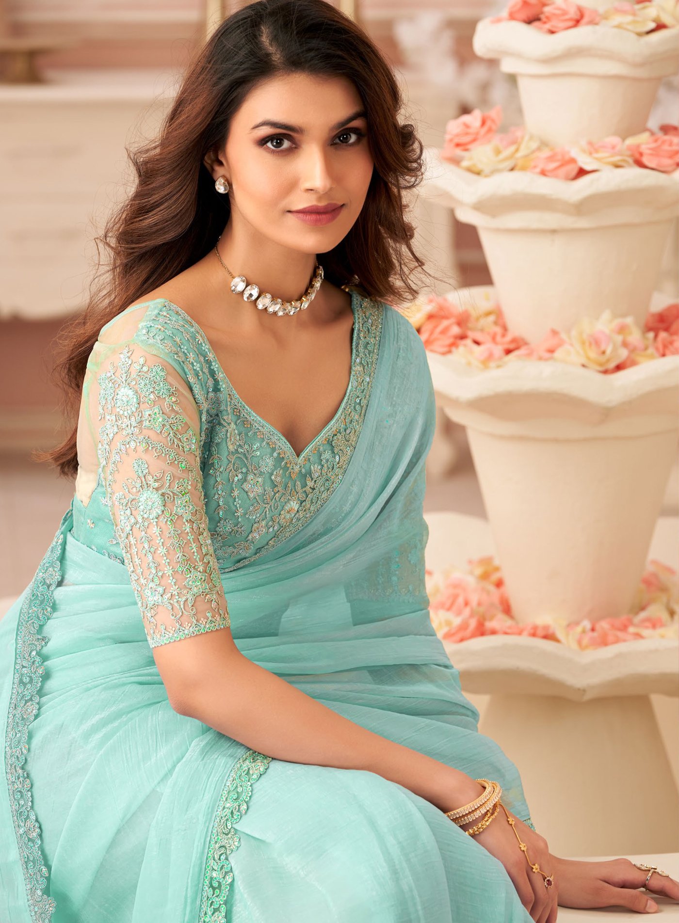 Sky Blue Chiffon Saree Party Wear