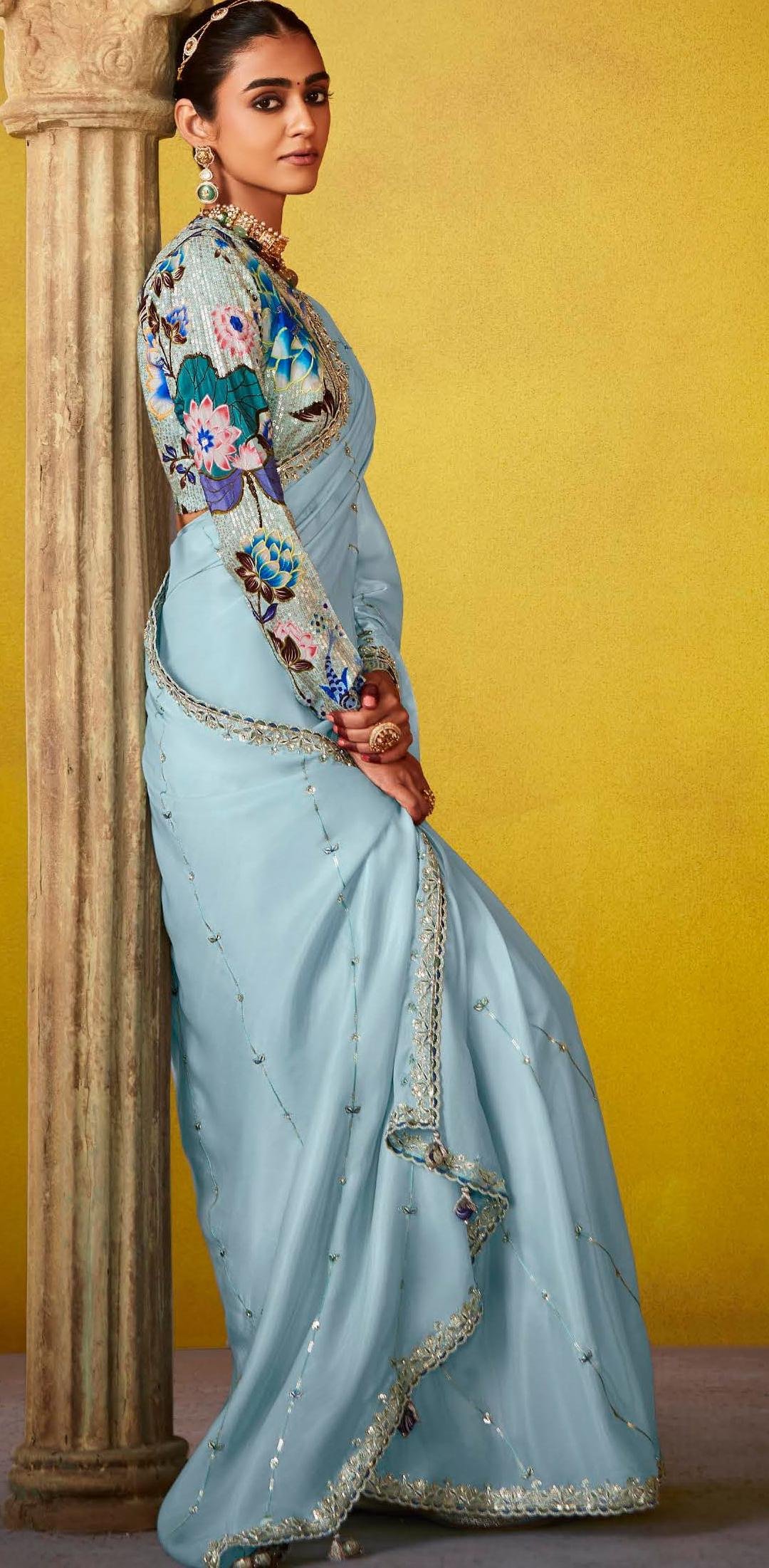 Sky Blue Saree Contrast Blouse for Weddings