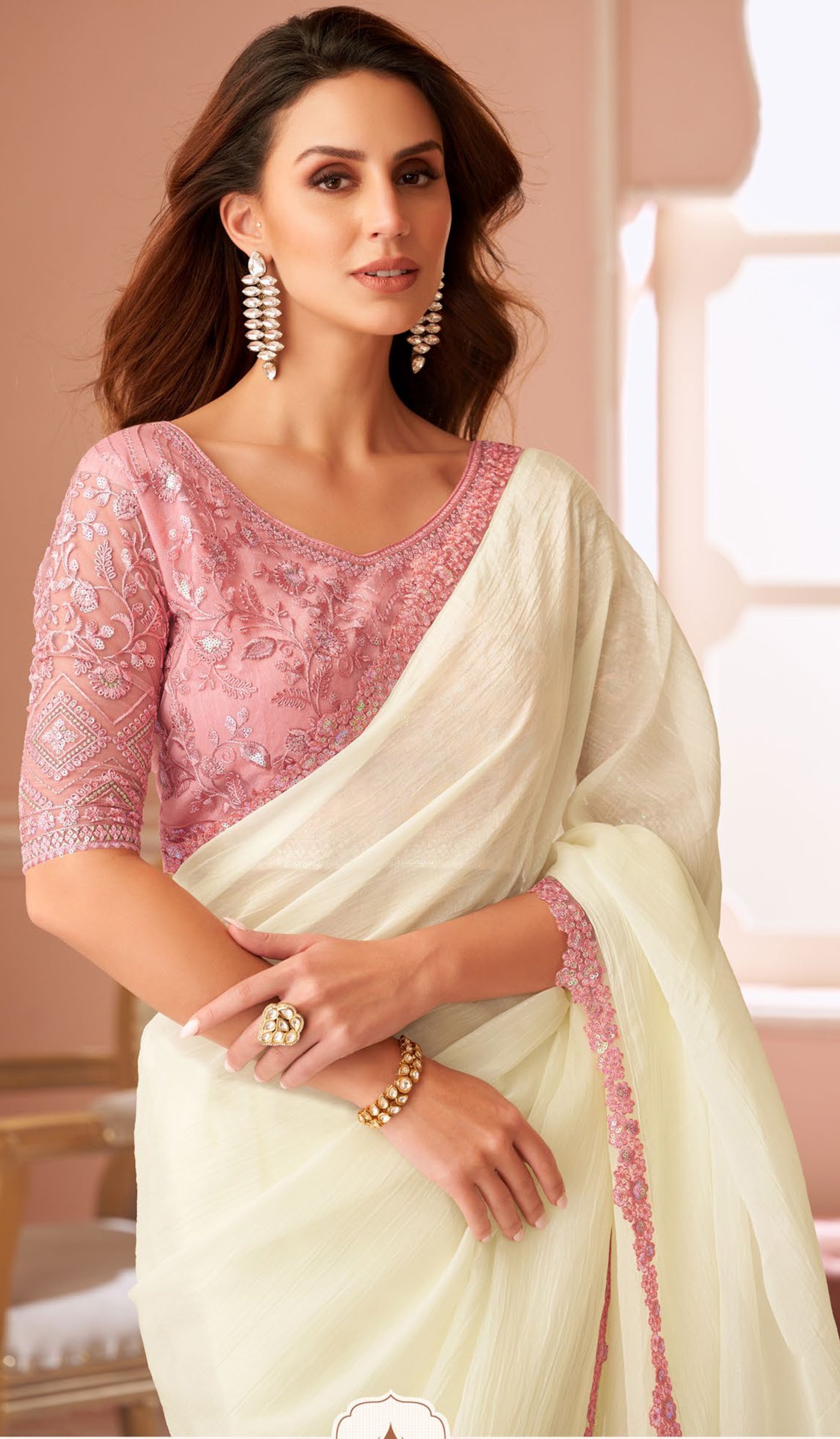 South Indian White Saree with Contrast Blouse