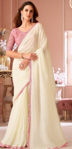White Chiffon Saree with Contrast Pink Blouse