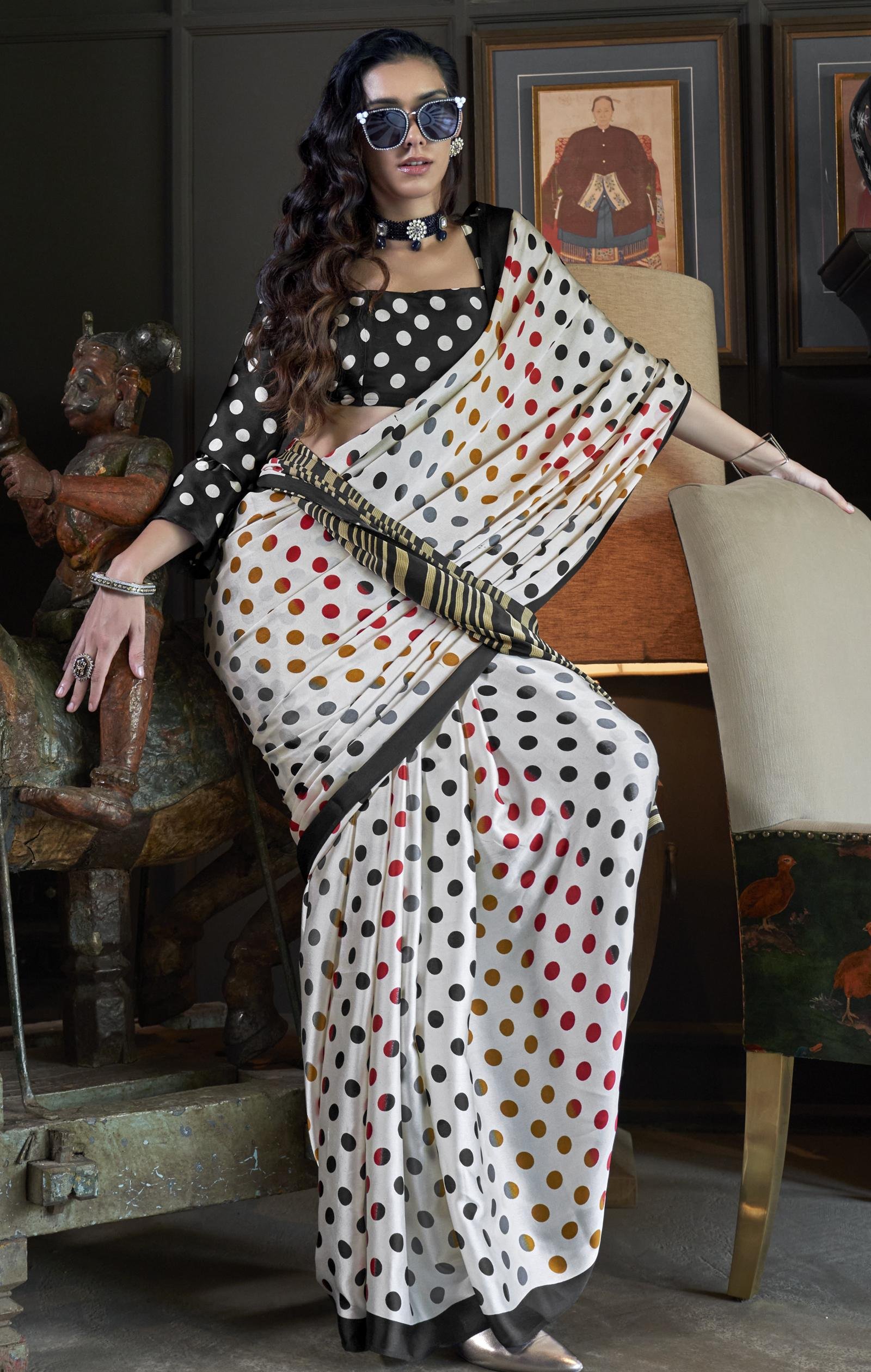 Red and White Polka Dot Saree Butter Satin Silk