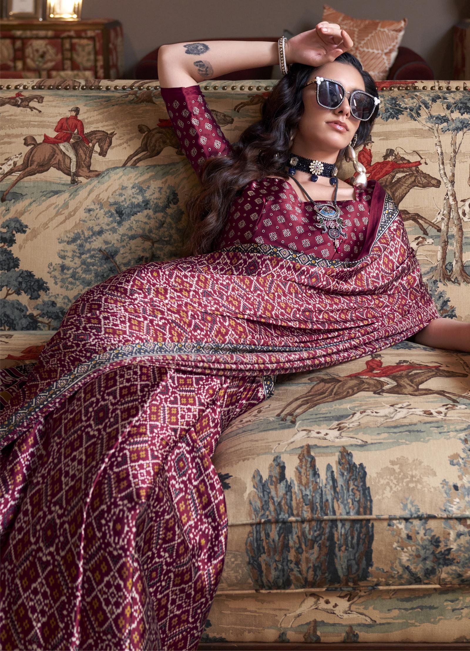 Satin Saree For Women Red Printed Saree