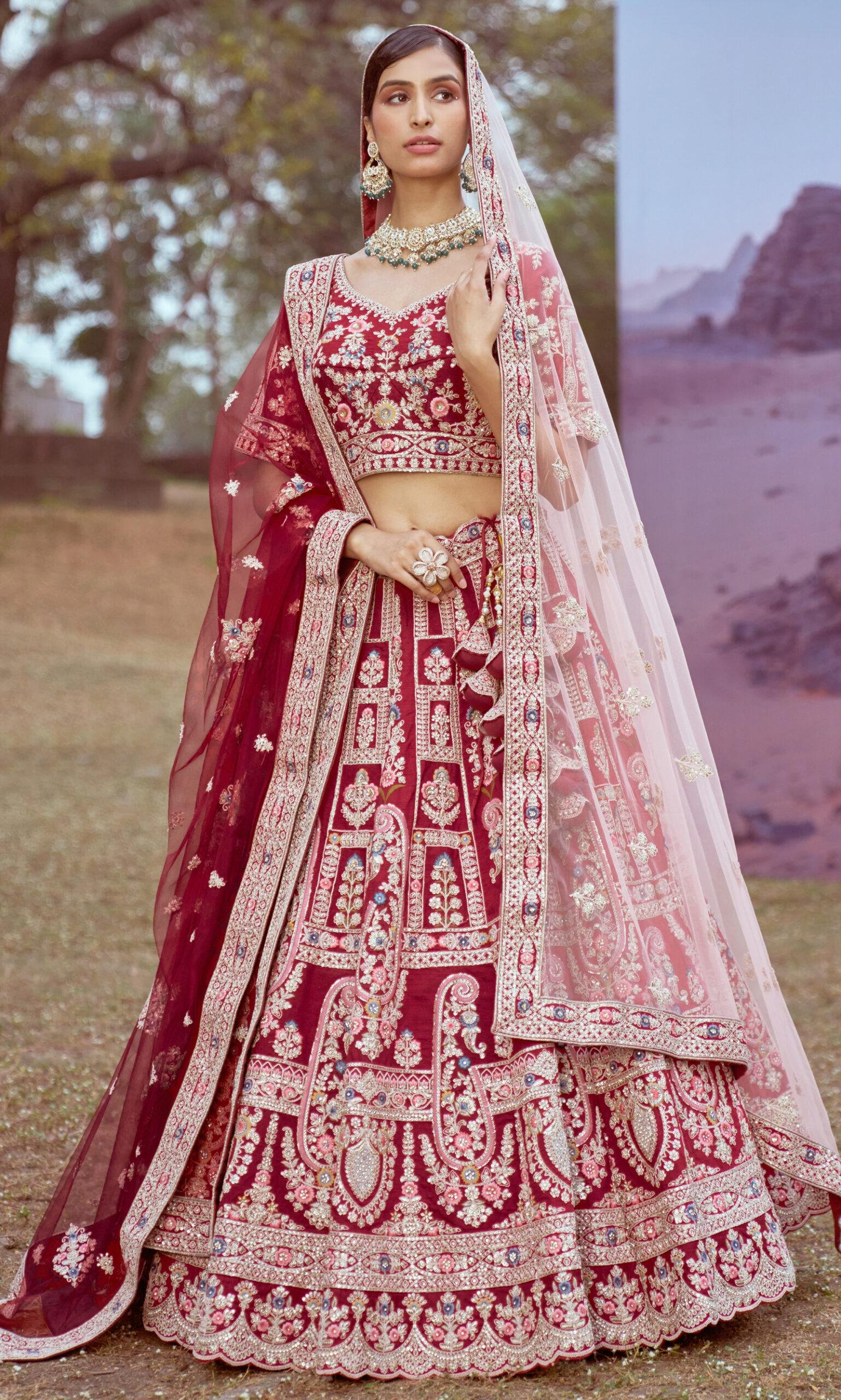 Coffee Colour Lehenga with Dupatta Contrast Pink Dupatta with Lehenga
