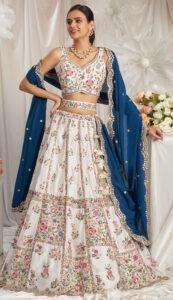 Designer white bridal lehenga with Blue dupatta
