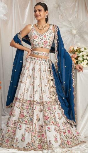 Designer white bridal lehenga with Blue dupatta