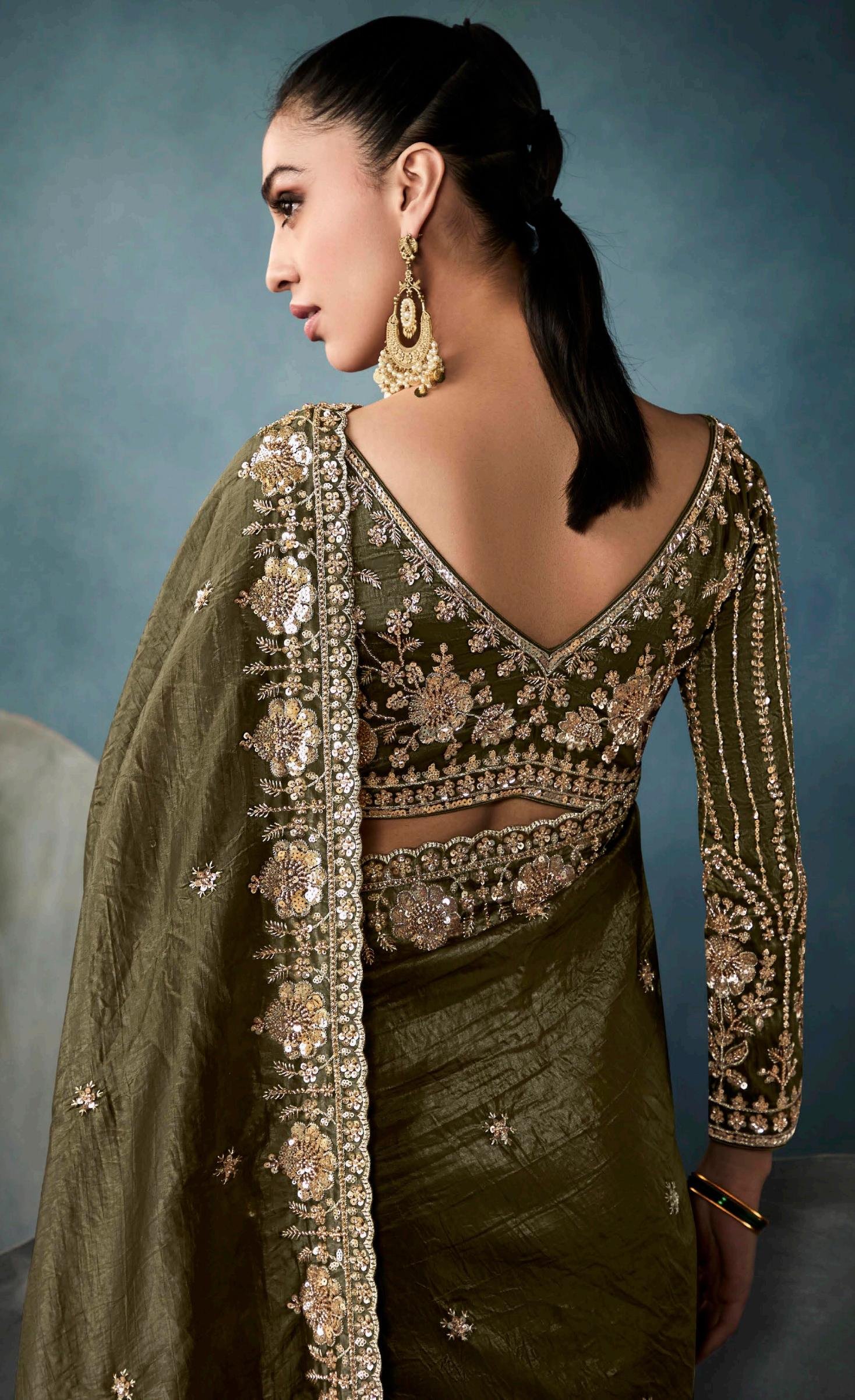 Heavy Blouse Saree for Wedding Olive Green Saree