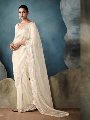 Heavy Embroidered Exclusive Cream Saree for Wedding