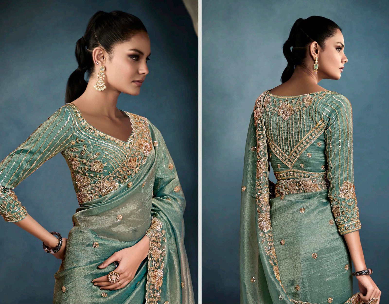 Light Green Saree Matching Blouse Heavy Blouse Saree