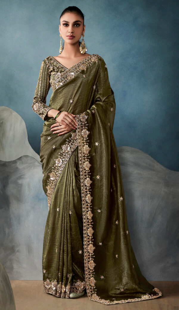 Olive Green  Blended Linen Cotton Saree main image 1