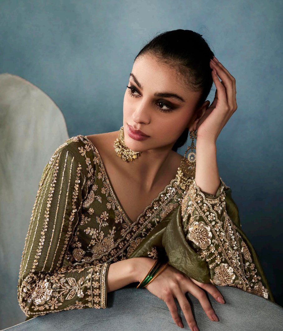 Tissue Silk Saree Olive Green Saree Party Wear