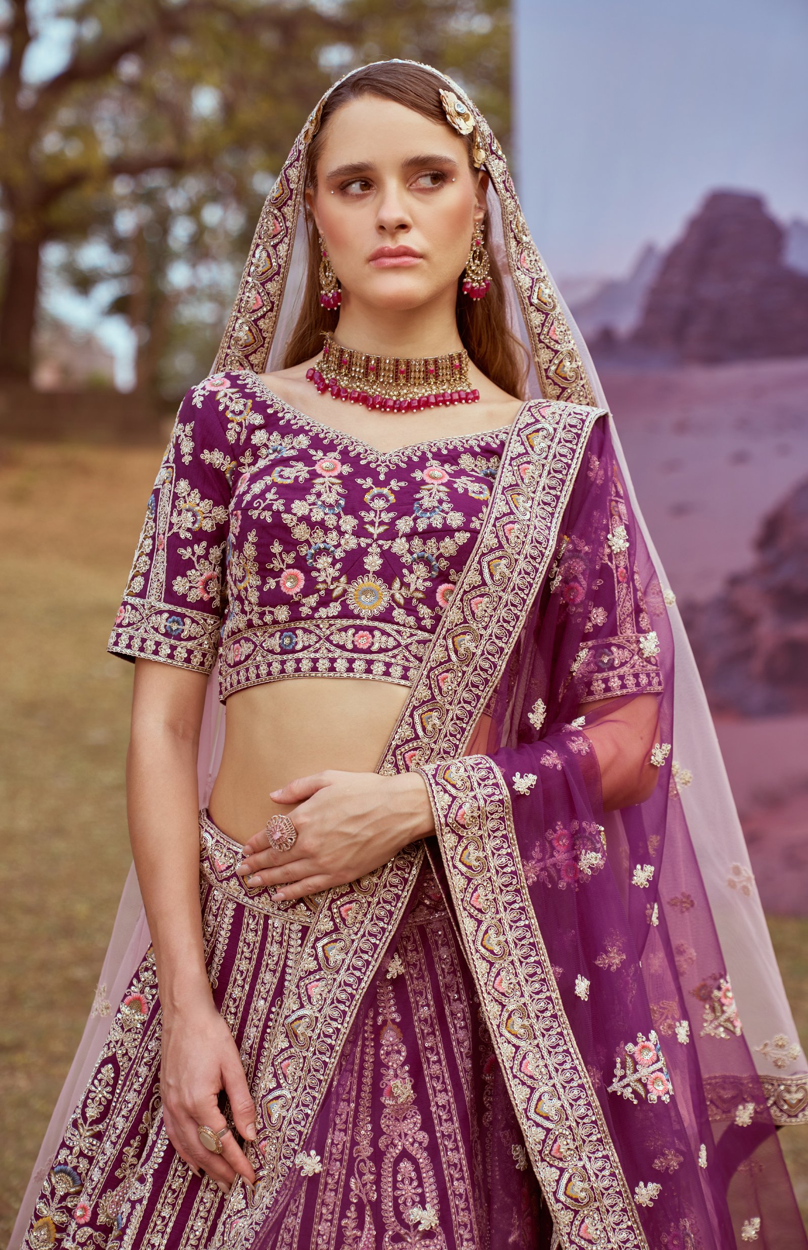 Wine Colour Lehenga with Contrast Dupatta