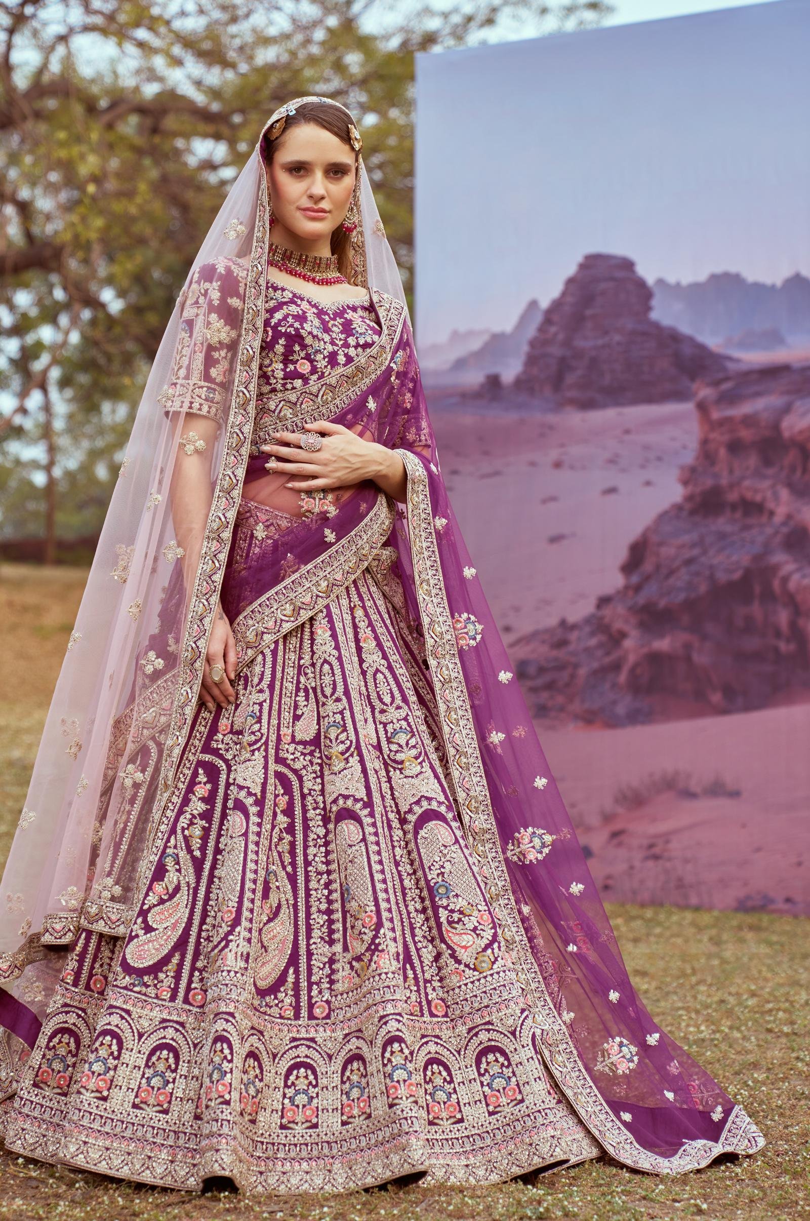 Wine Colour Lehenga with Pink Dupatta