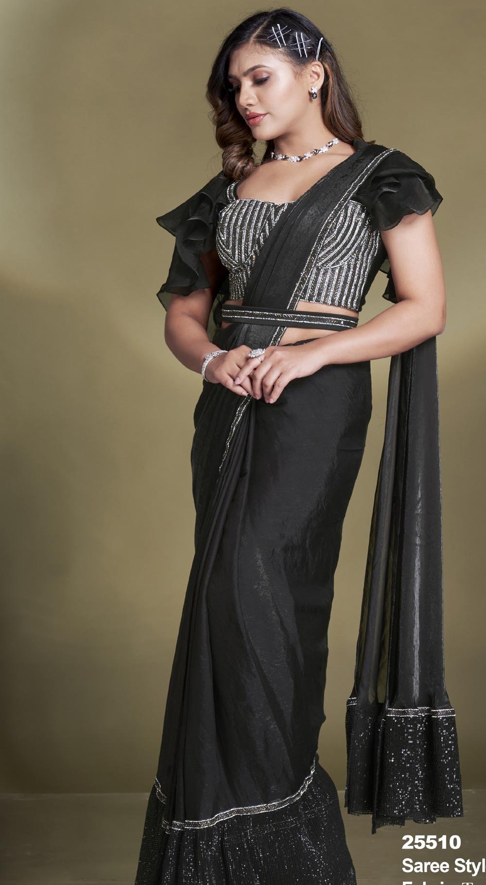 Black Ready Made Pleated Saree Online with Price