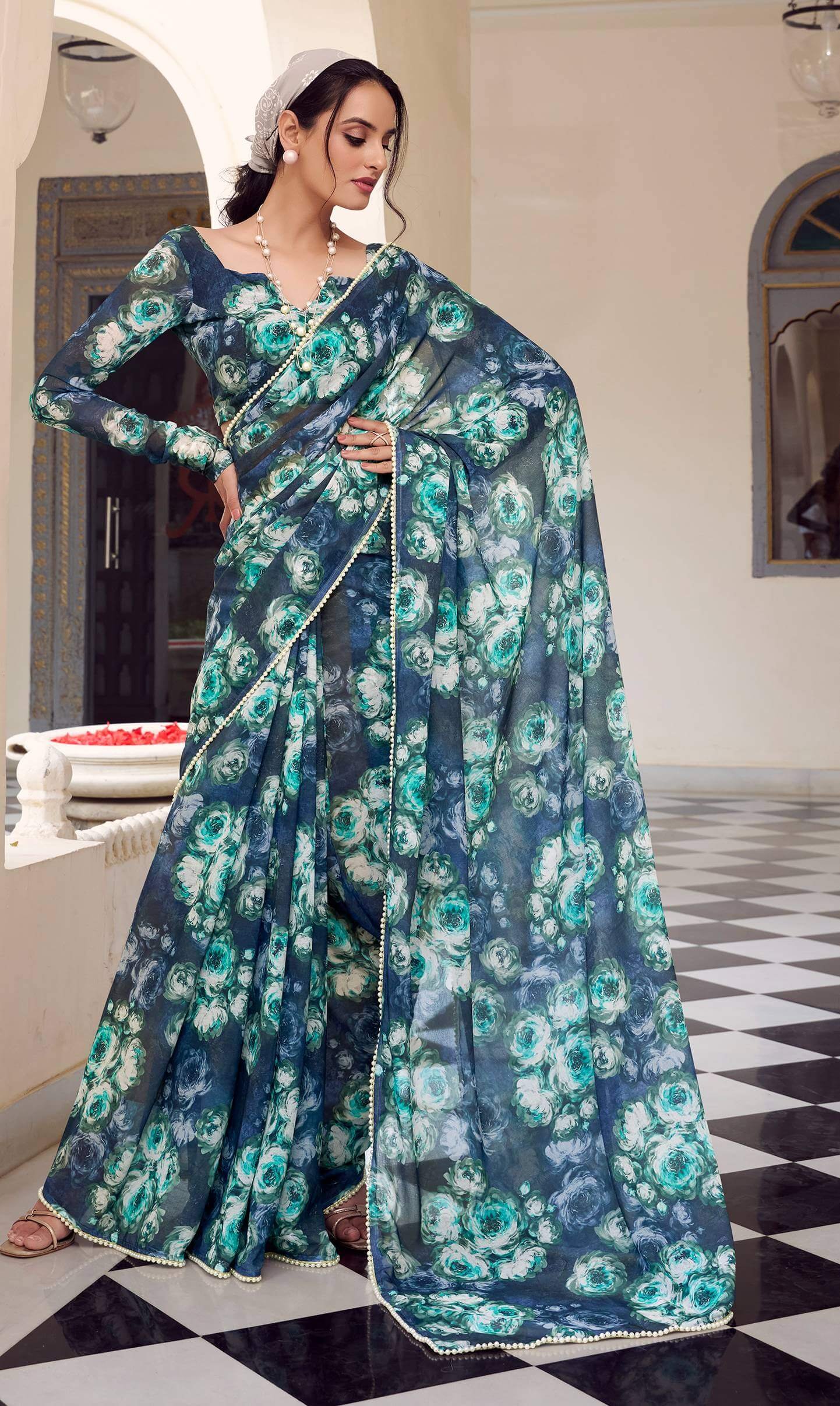 Chiffon Silk Designer Sarees for Women Green Saree