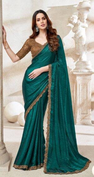 Chiffon Silk Designer Sarees for Women Green Saree Golden Blouse