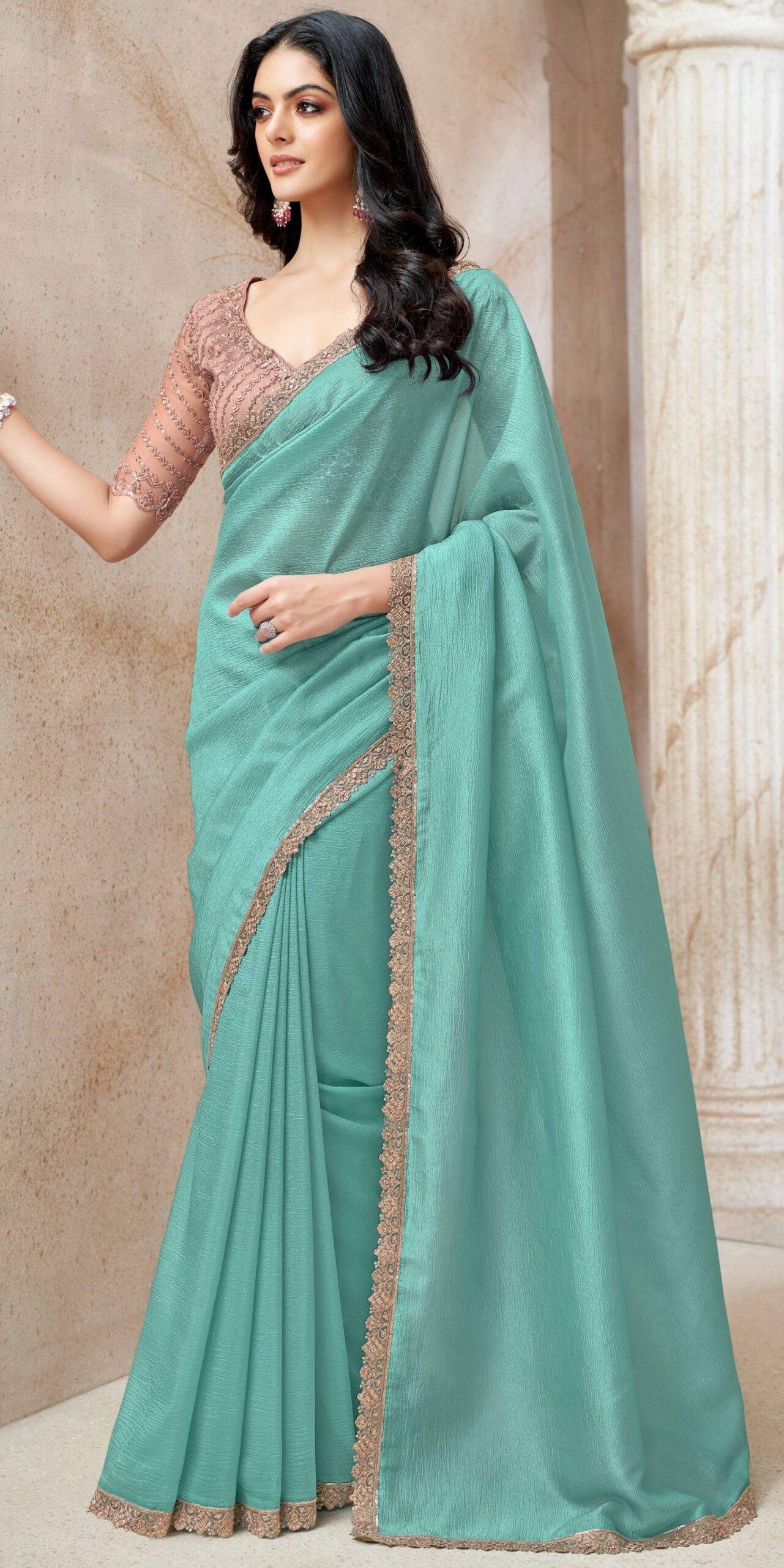 Chiffon Silk Designer Sarees for Women Turquoise Blue Saree