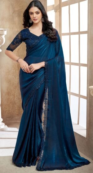 Chiffon Silk Designer Sarees for Women Turquoise Royal Blue Saree