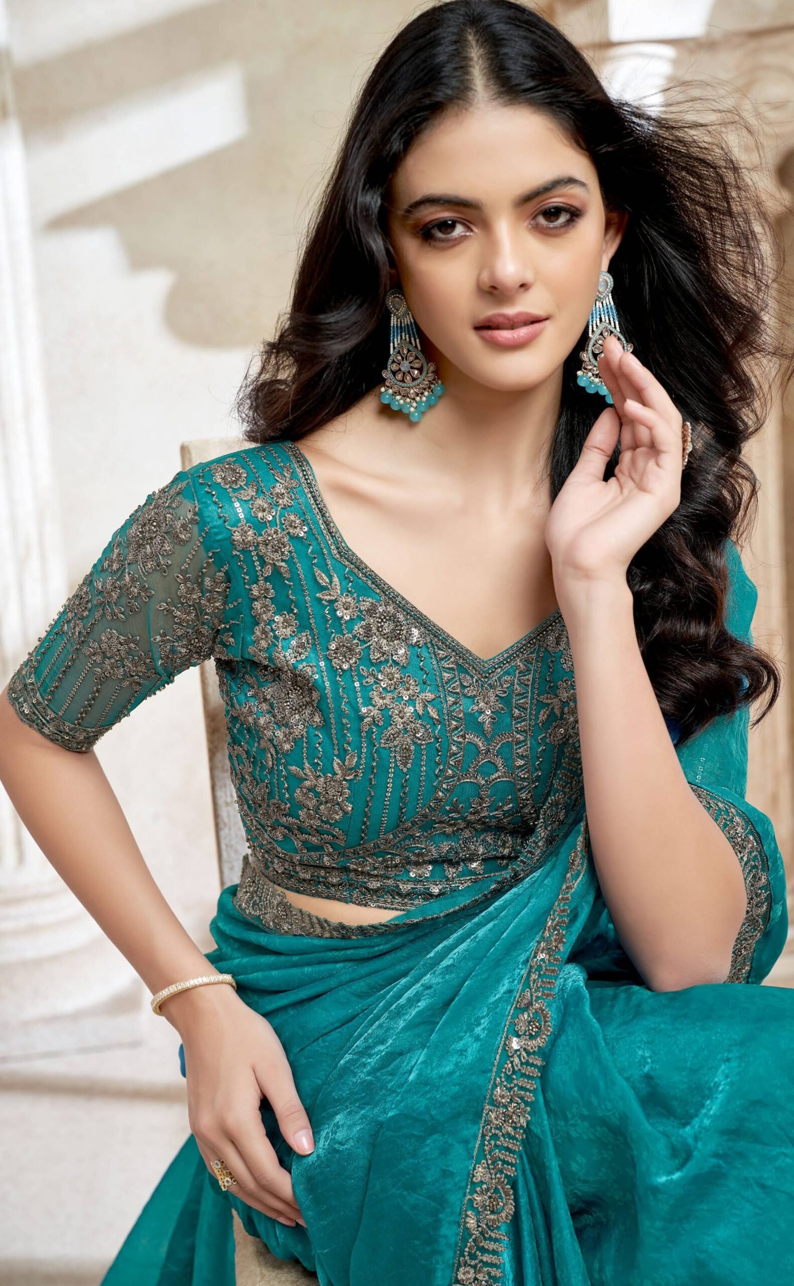 Chiffon Silk Designer Sarees for Women Turquoise Saree