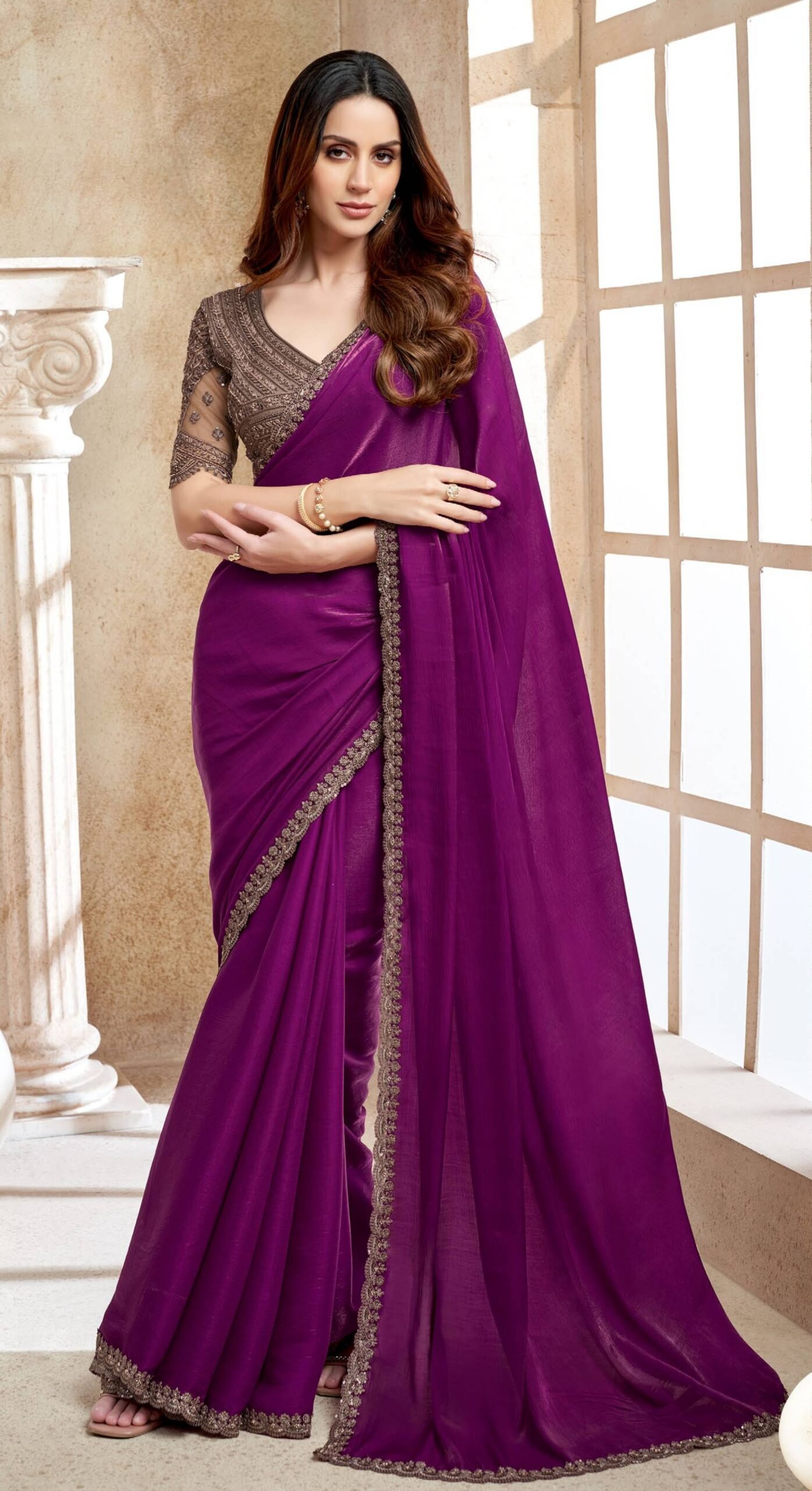 Chiffon Silk Designer Sarees for Women Wine Colour Saree
