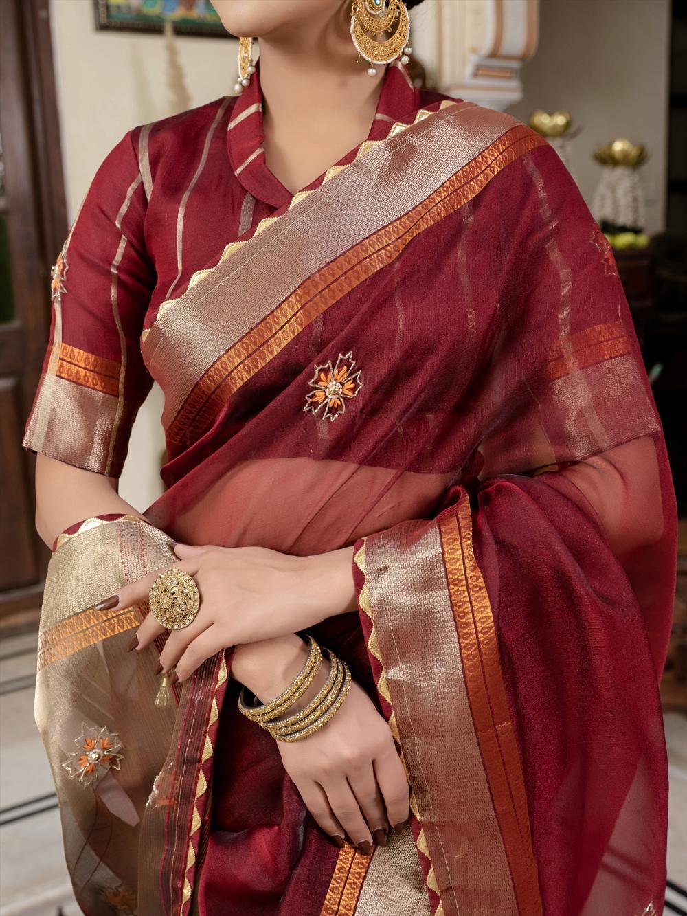 Designer Linen Cotton Saree Party Wear Red Colour