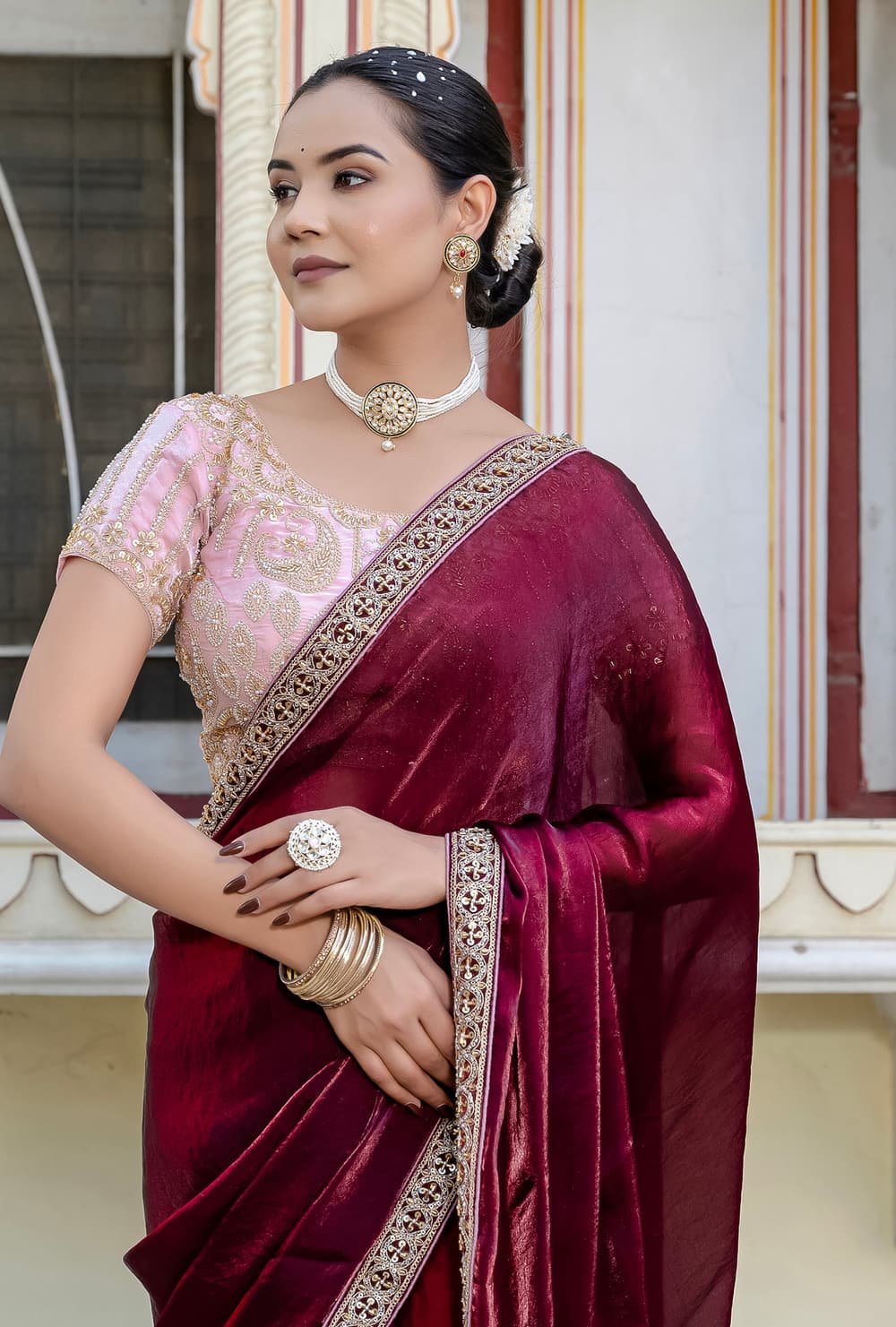 Heavy Embroidery Blouse with Plain Saree
