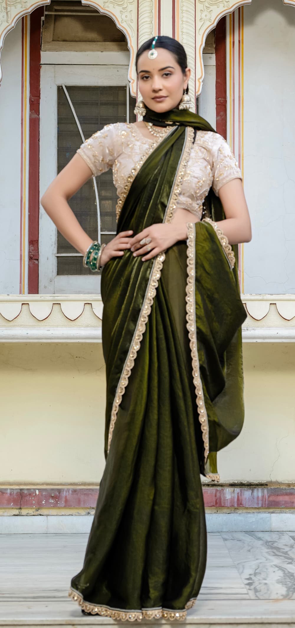 Heavy Work Blouse with Plain Saree Olive Green Saree