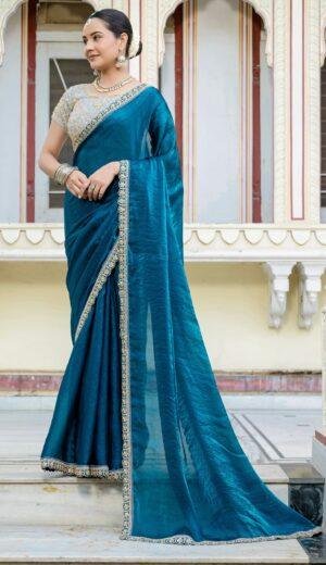 Plain Saree with Heavy Blouse for Wedding Blue Saree Party Wear