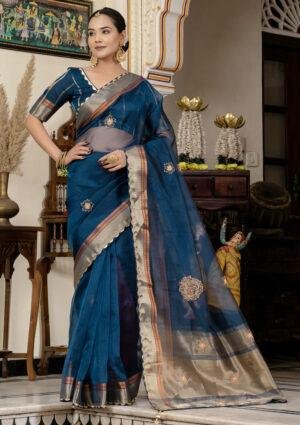 Pure Linen Silk Sarees with Price Blue Colour Saree Party Wear