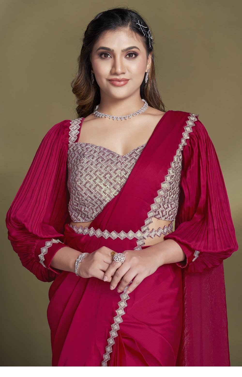 Red Saree with Contrast Blouse Designs