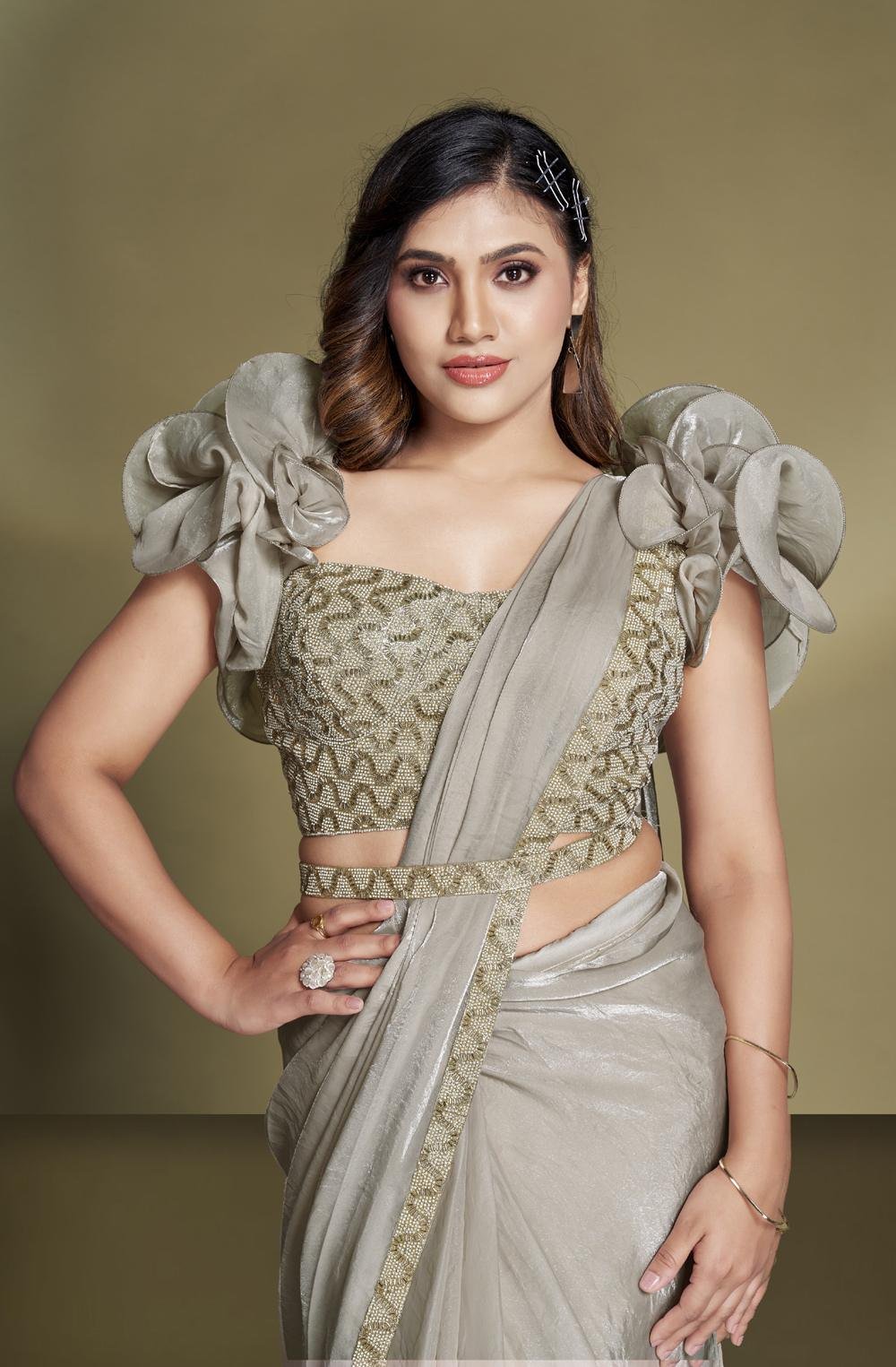 Silver Tissue Saree with Contrast Blouse Ready to Wear Saree