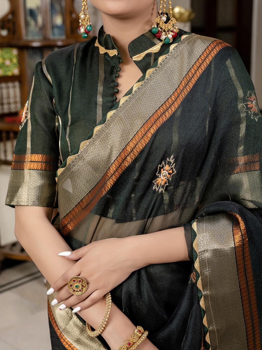 Transparent Linen Cotton Zari Wowen Saree for Women Green Colour